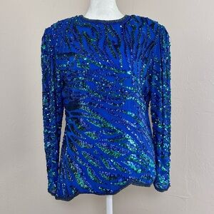 Vintage Oleg Cassini Silk 1980s Beaded Sequin Top Cobalt Blue Emerald Green M